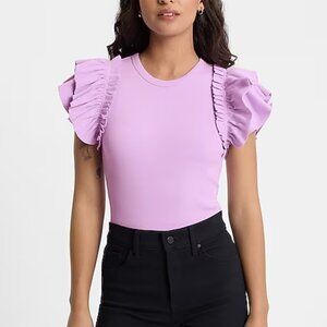 Express Lilac XL Ribbed Crew Neck Flutter Sleeve Bodysuit